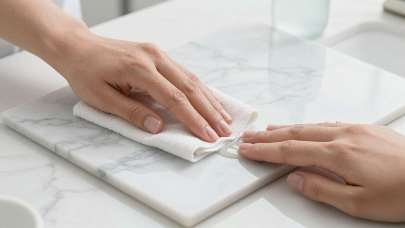 Cleaning and protecting marble tiles with a cloth and sealant.