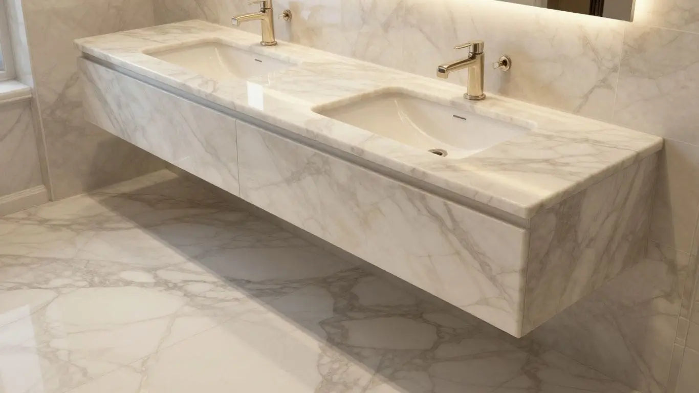 Beige marble vanity and floor in a sketch style.