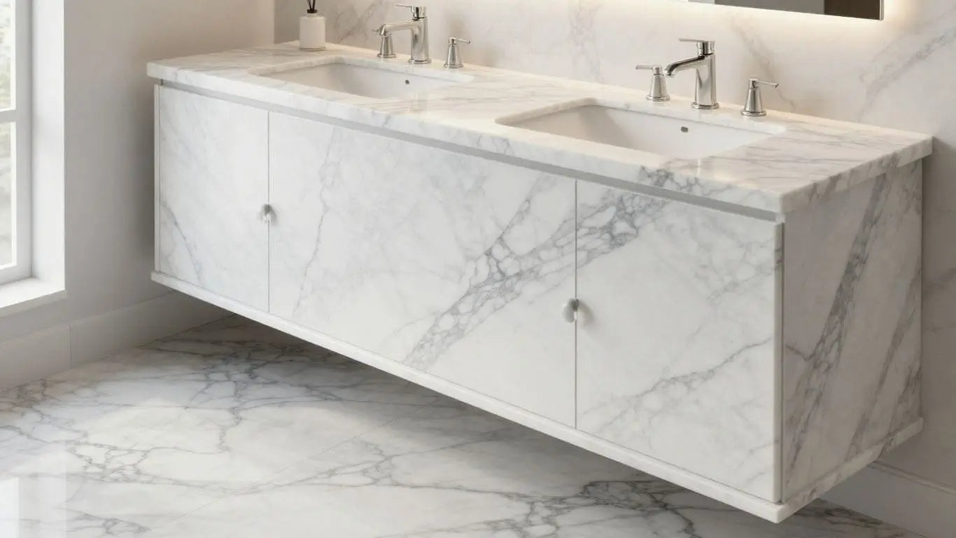 Elegant Carrara marble bathroom vanity and floor sketch.