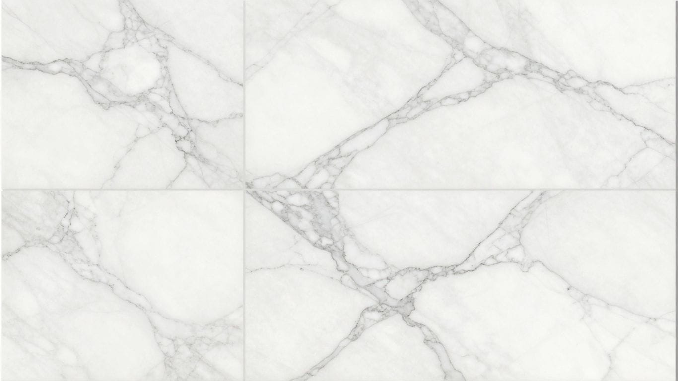 Carrara white marble tiles with grey veining.