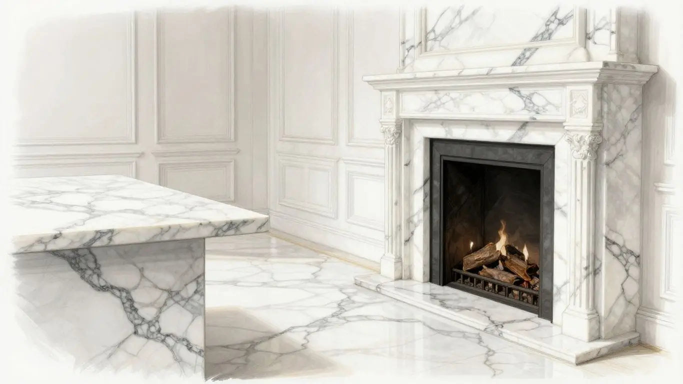 Arabescato marble countertop and fireplace sketch.
