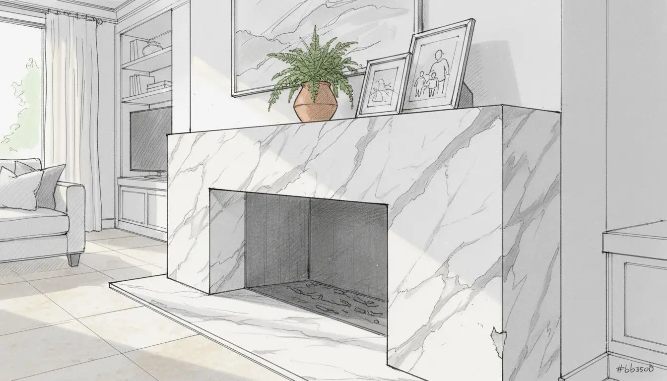 Close-up of marble fireplace with bold veining