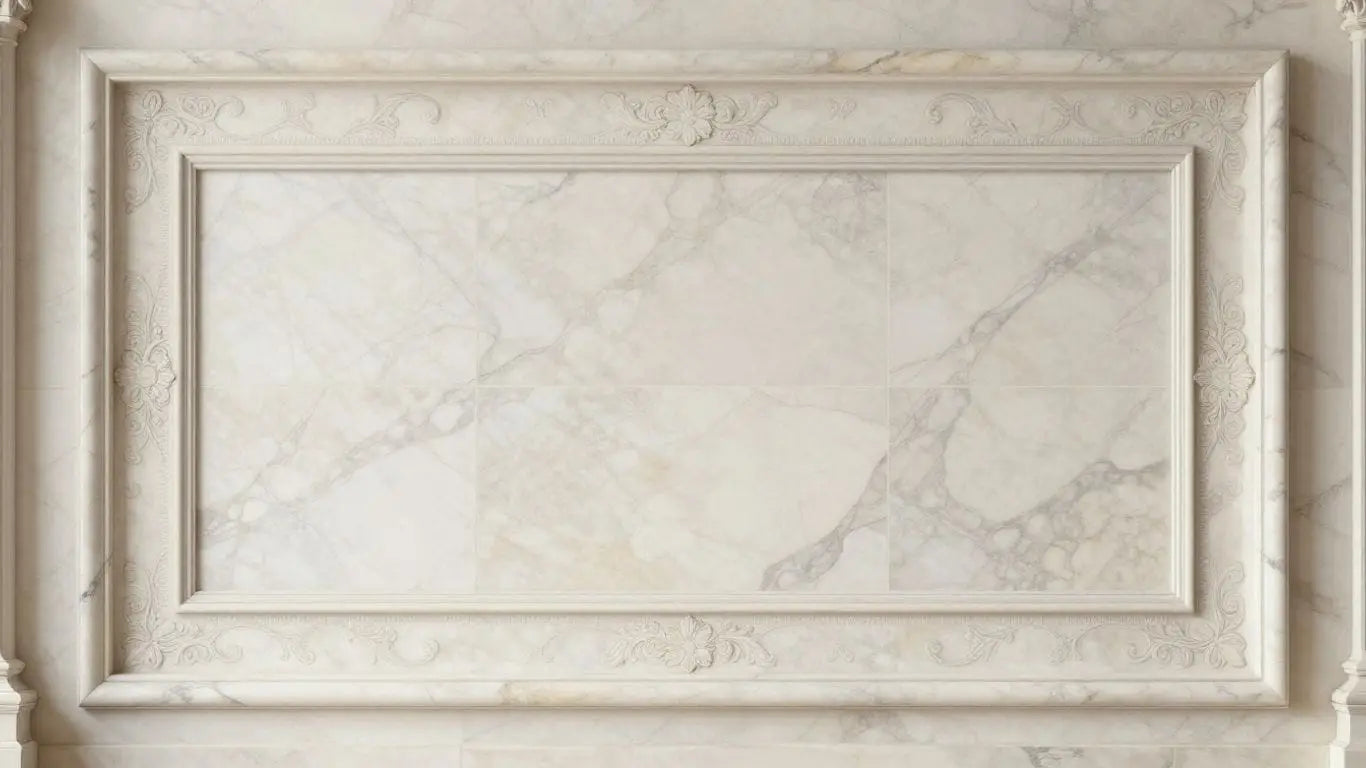 Marble moldings framing a luxurious tiled wall sketch.