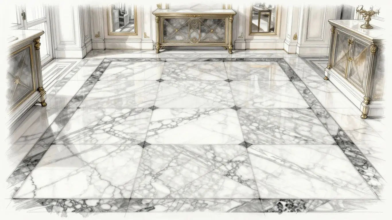 Patterned marble floor sketch in a luxury room.