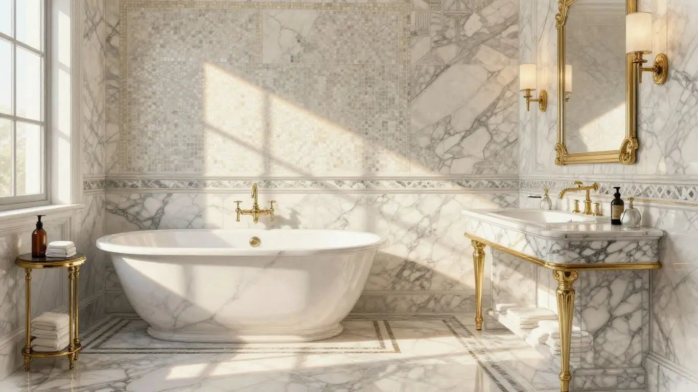 Marble mosaic tiles and trim in a luxurious bathroom.