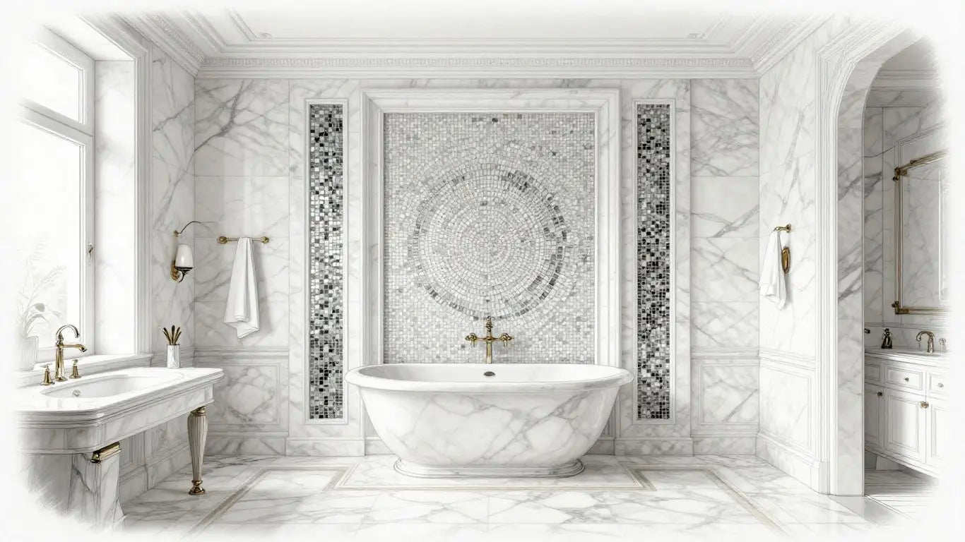 Statuary white marble bathroom with intricate mosaic details.