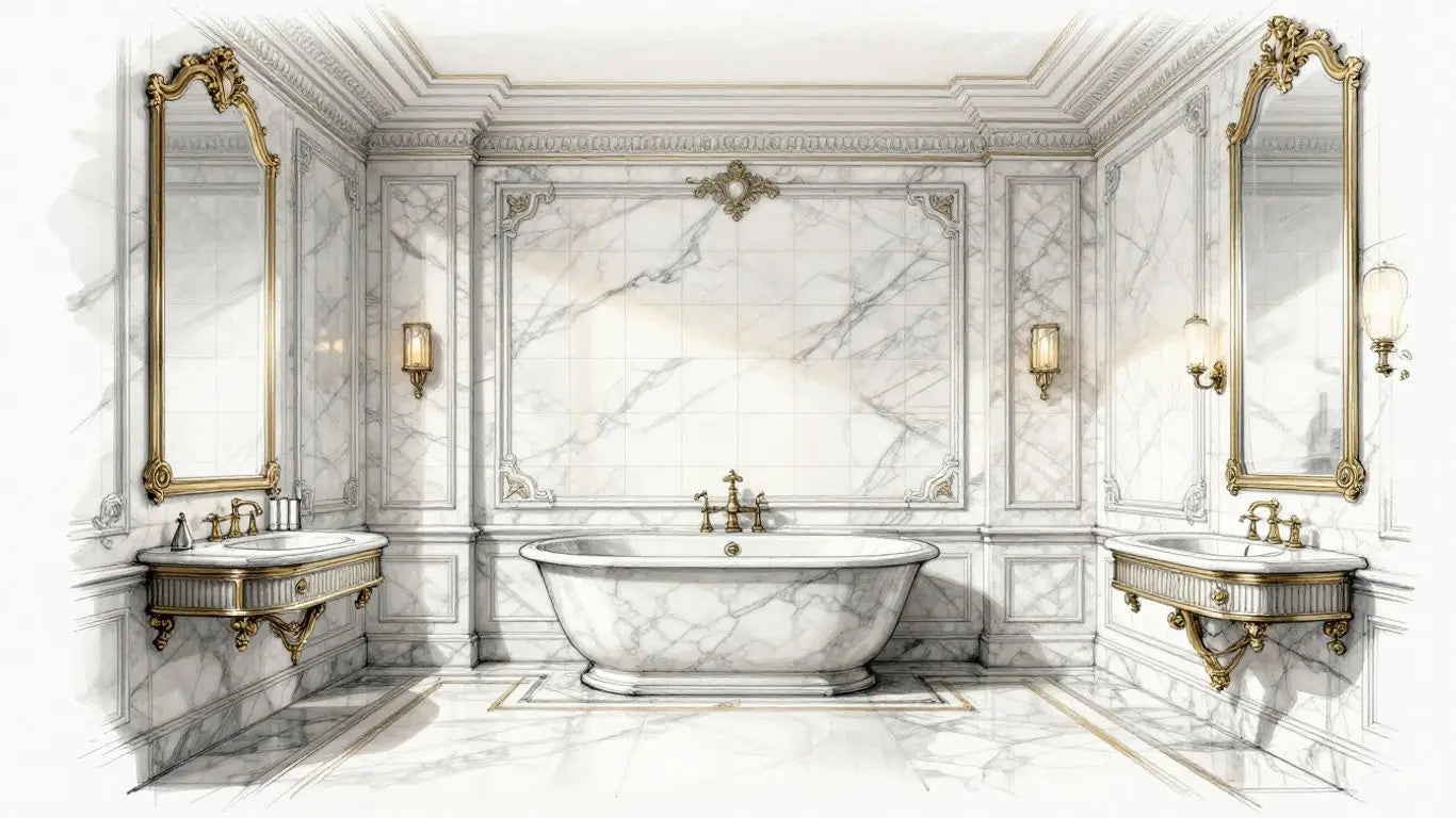 Marble moldings framing a luxury tiled bathroom.