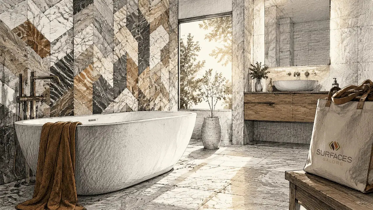 Elegant bathroom with stone mosaic wall