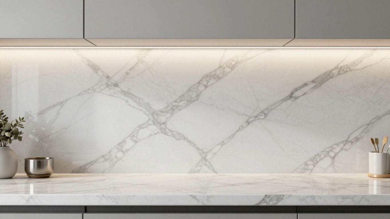 Luxury marble backsplash with unique tile shapes.