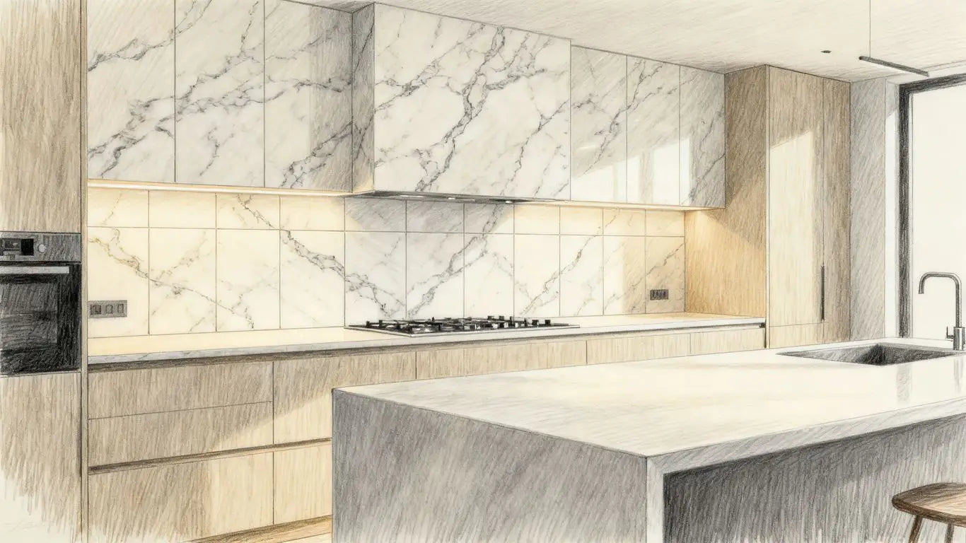 Elegant marble tiles applied in a home kitchen setting