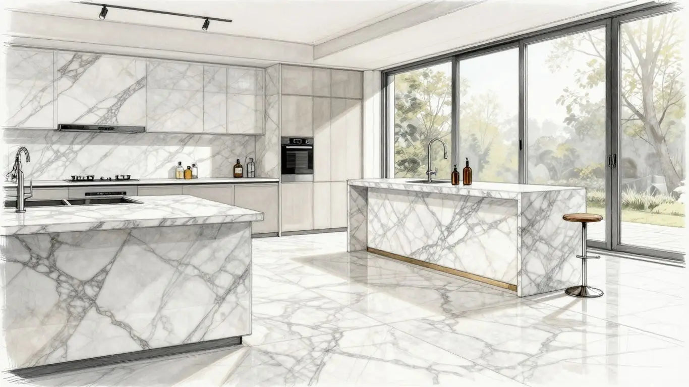 Dolomite marble surfaces in indoor and outdoor settings, sketch style.