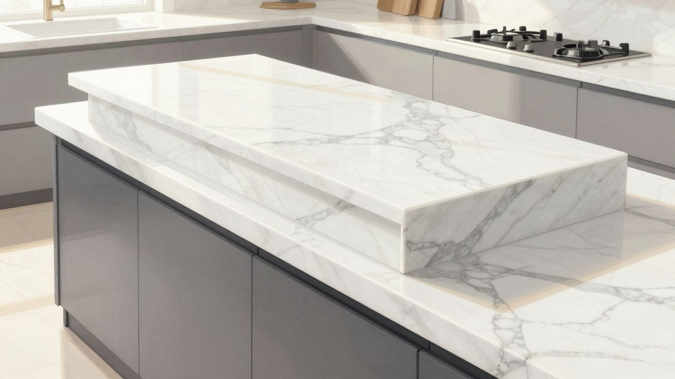 Elegant marble countertop in a sunlit kitchen sketch.