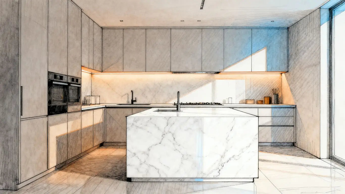 Modern kitchen island made of white marble