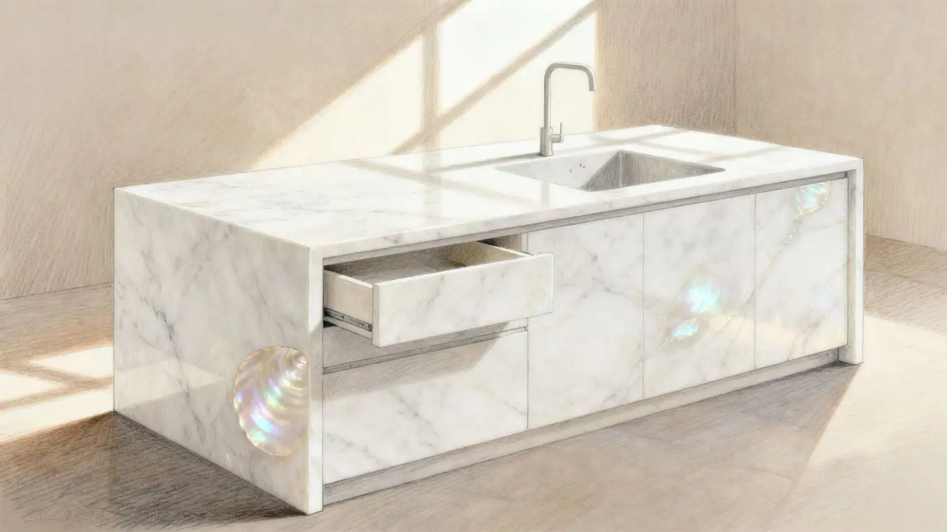 Luxury kitchen island with white pearl marble