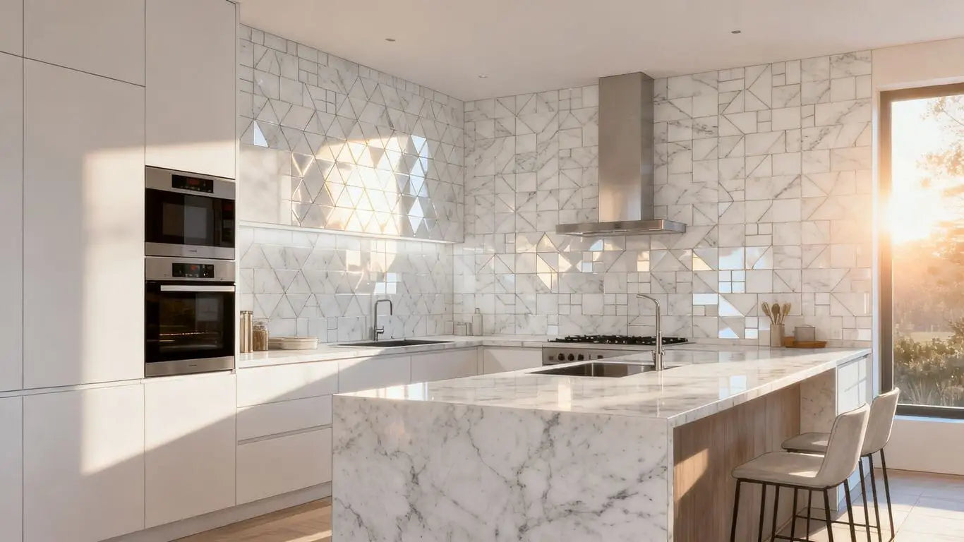 Sophisticated kitchen backsplash featuring white marble
