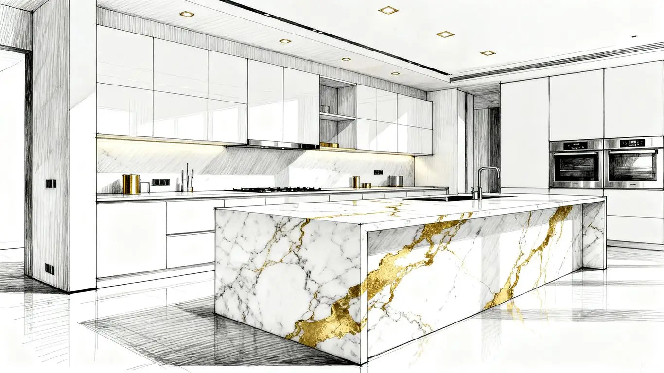 A luxurious kitchen with gold and white marble