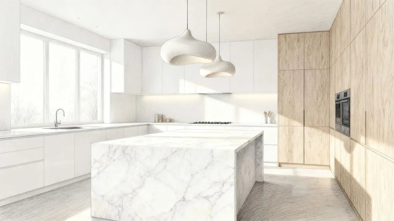 Thassos White marble island in minimalist kitchen