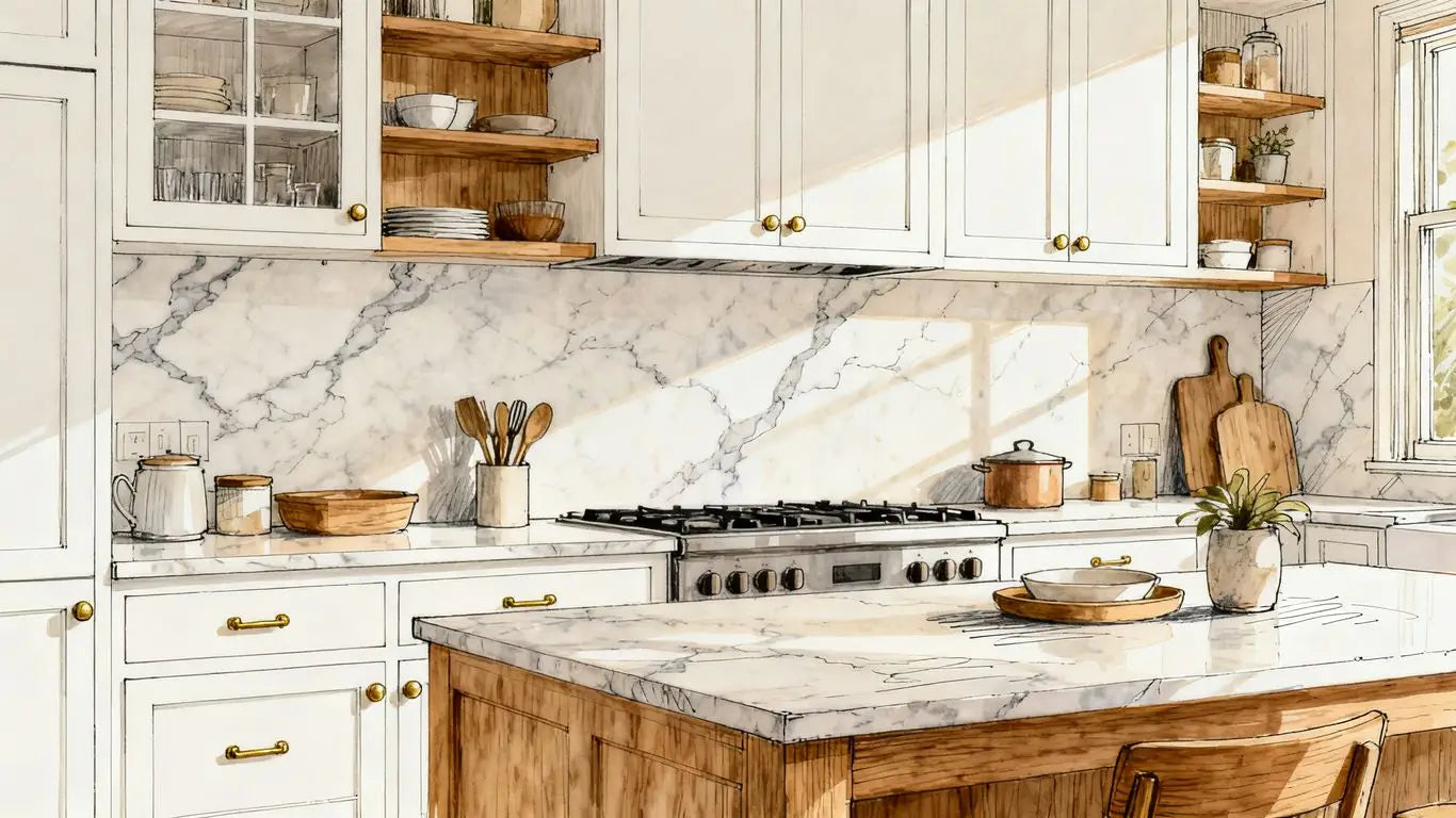 Illustrated marble kitchen backsplash with natural veining