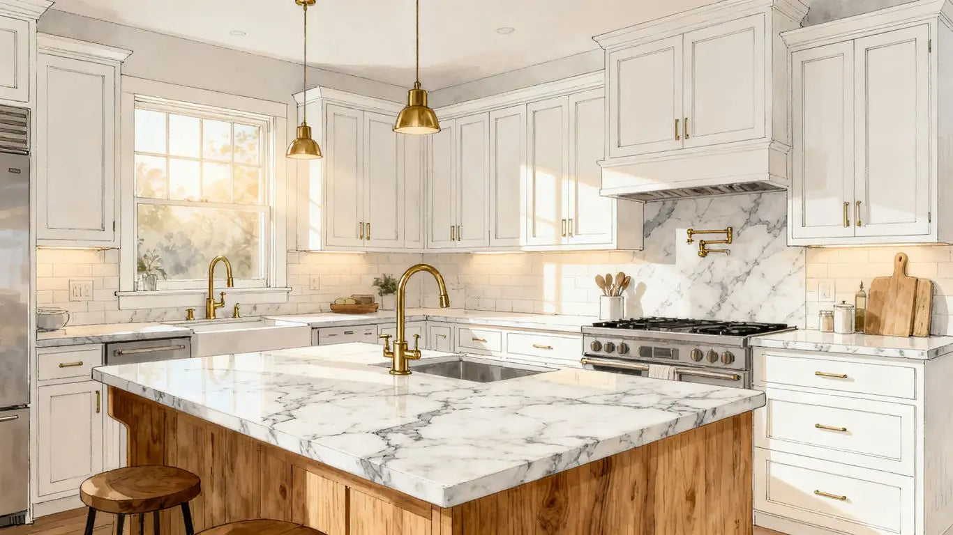 Carrara White marble countertop in bright kitchen
