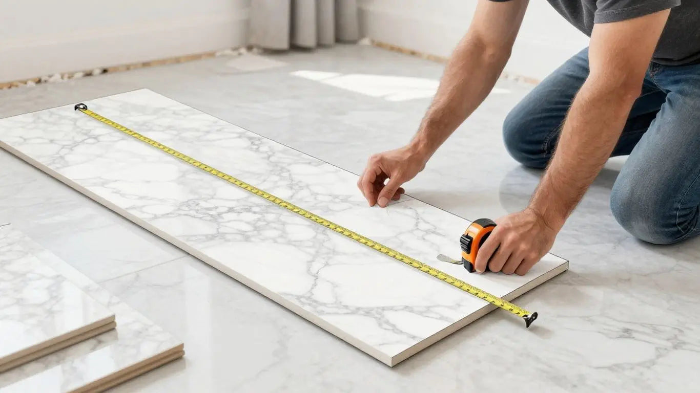 Homeowner measuring floor for marble tile installation.