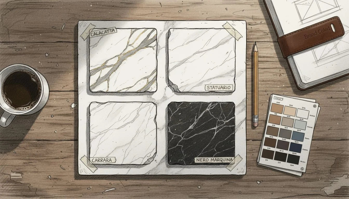 Sample board showing different marble tile types