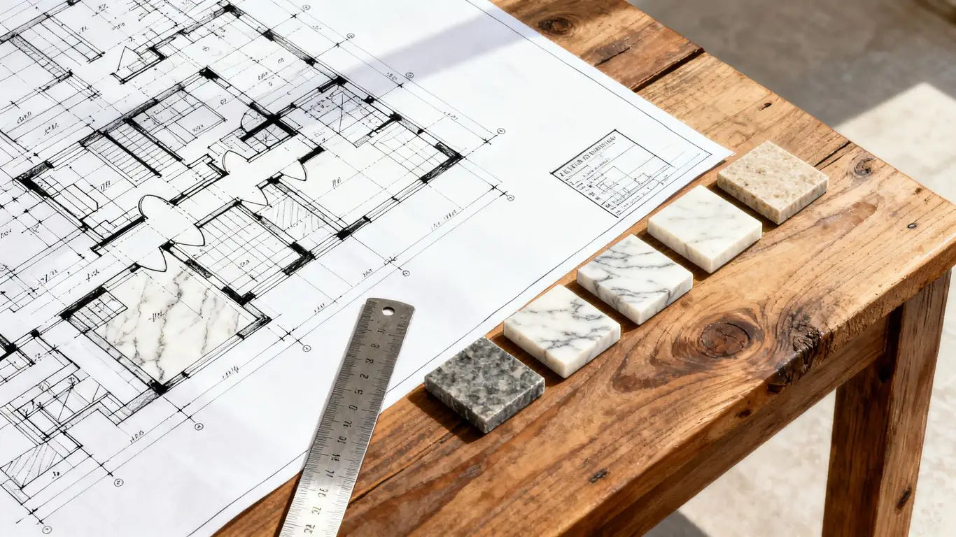 Architectural blueprint with marble samples