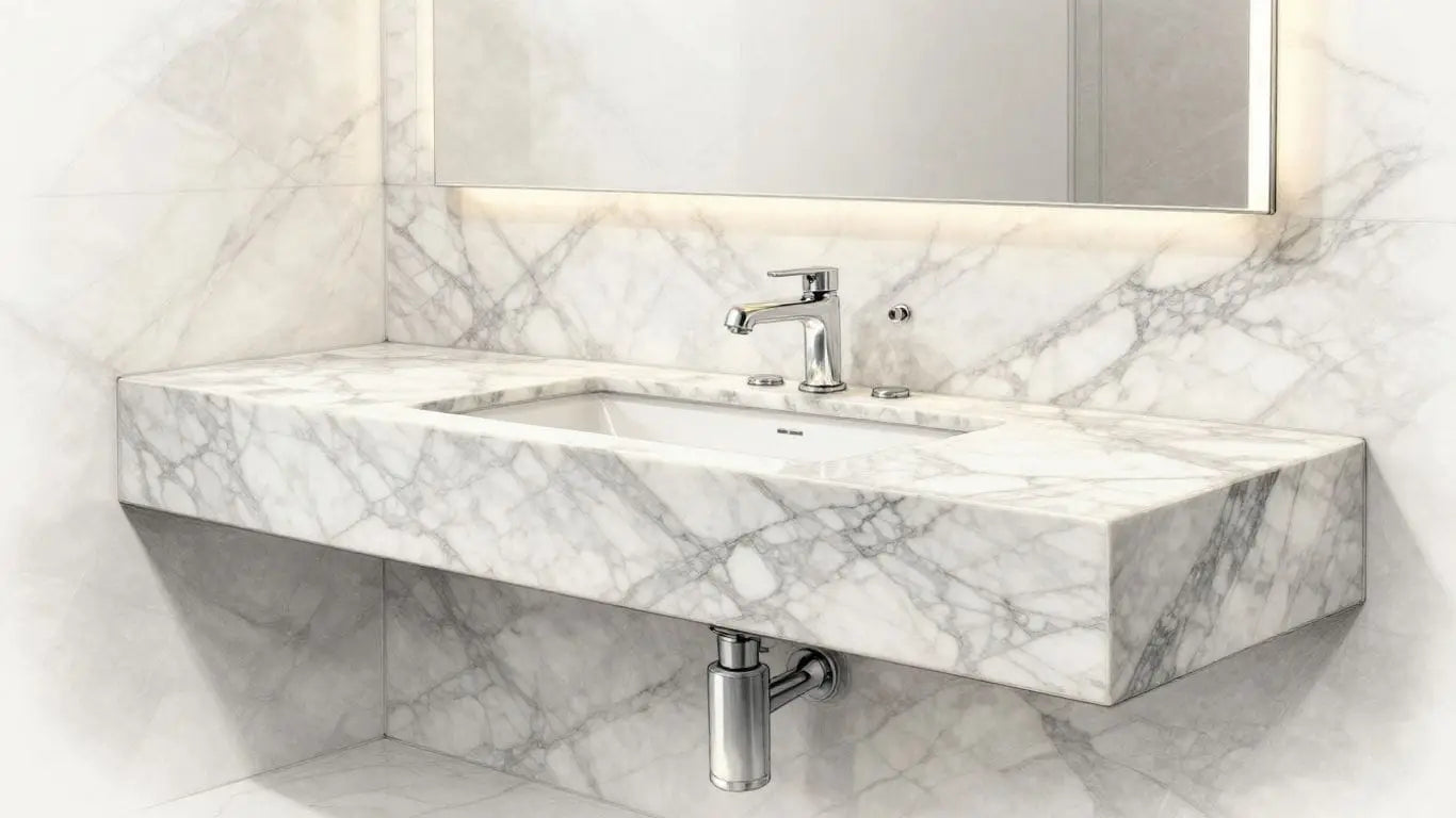 Bardiglio marble vanity countertop in a bathroom sketch.