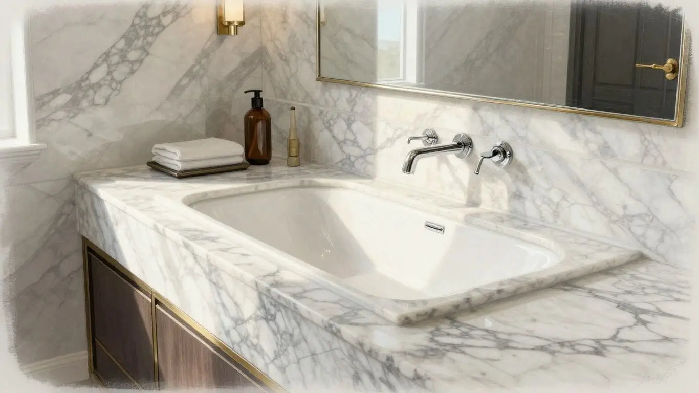 Elegant marble bathroom vanity and bathtub sketch.