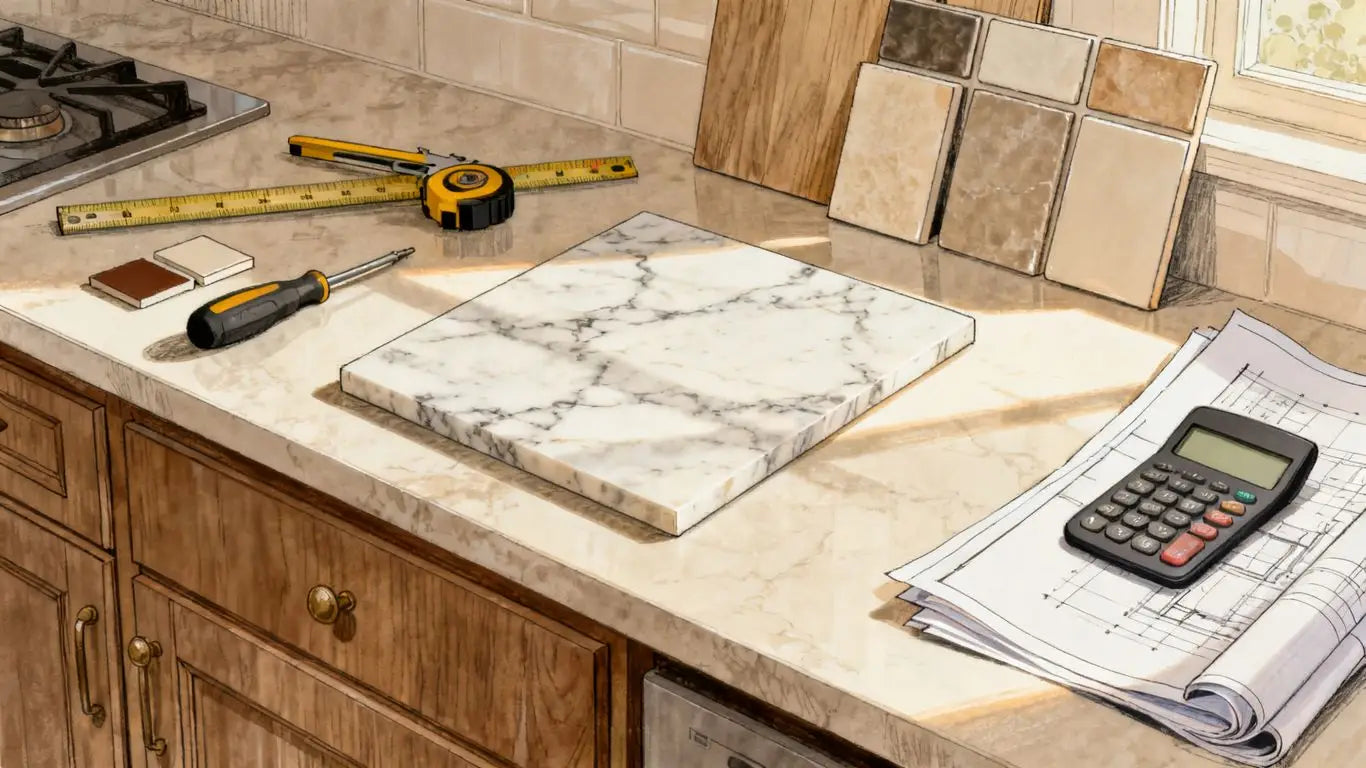 Marble countertop materials arranged for project budgeting