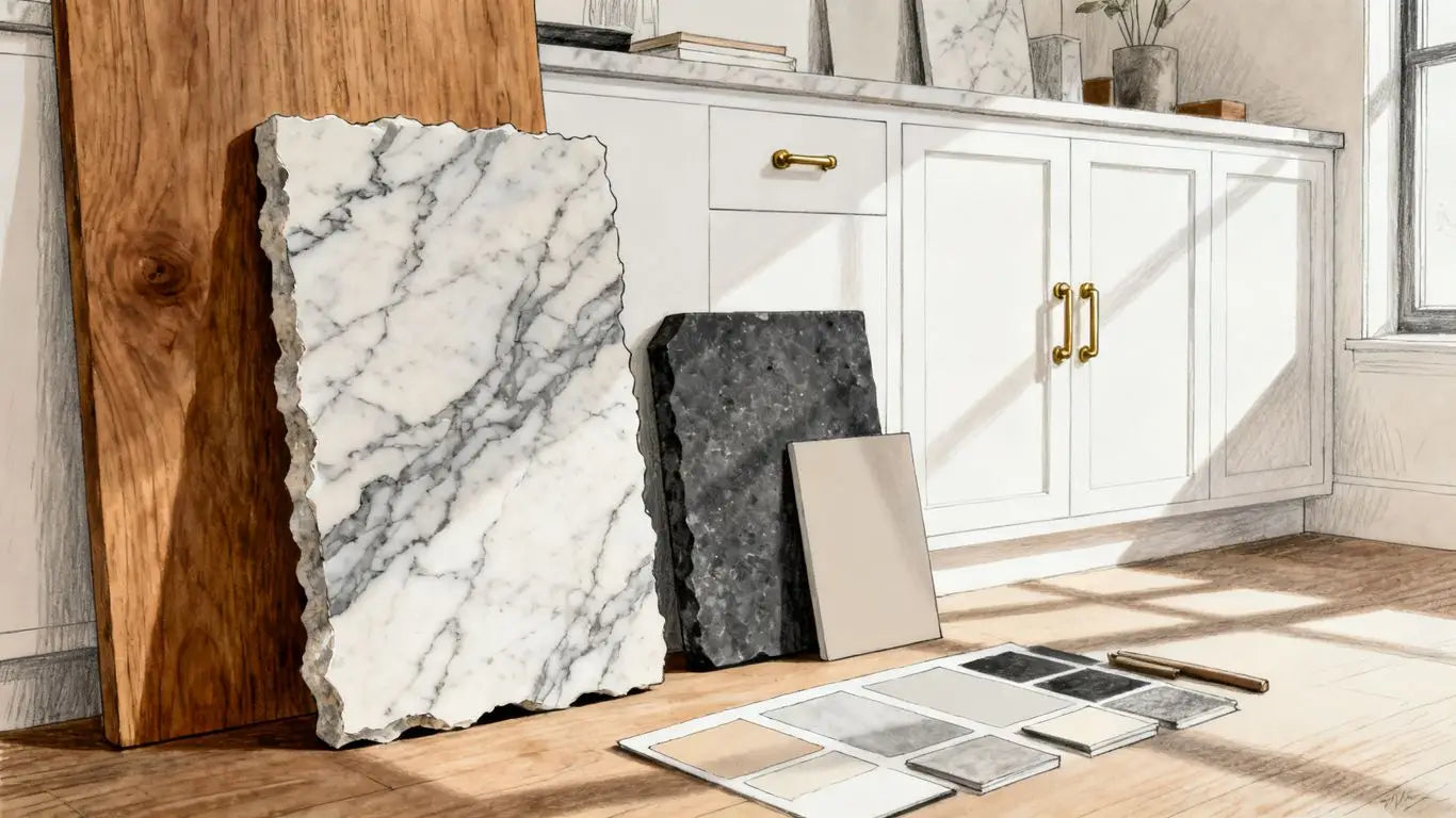 Bardiglio marble tile samples beside warm finishes