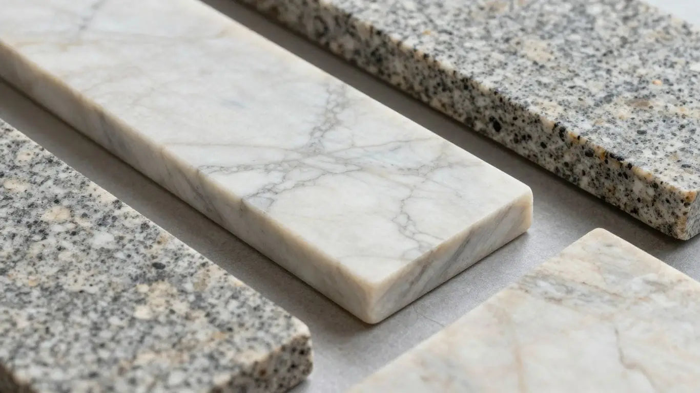 Natural stone slabs with intricate veining patterns.