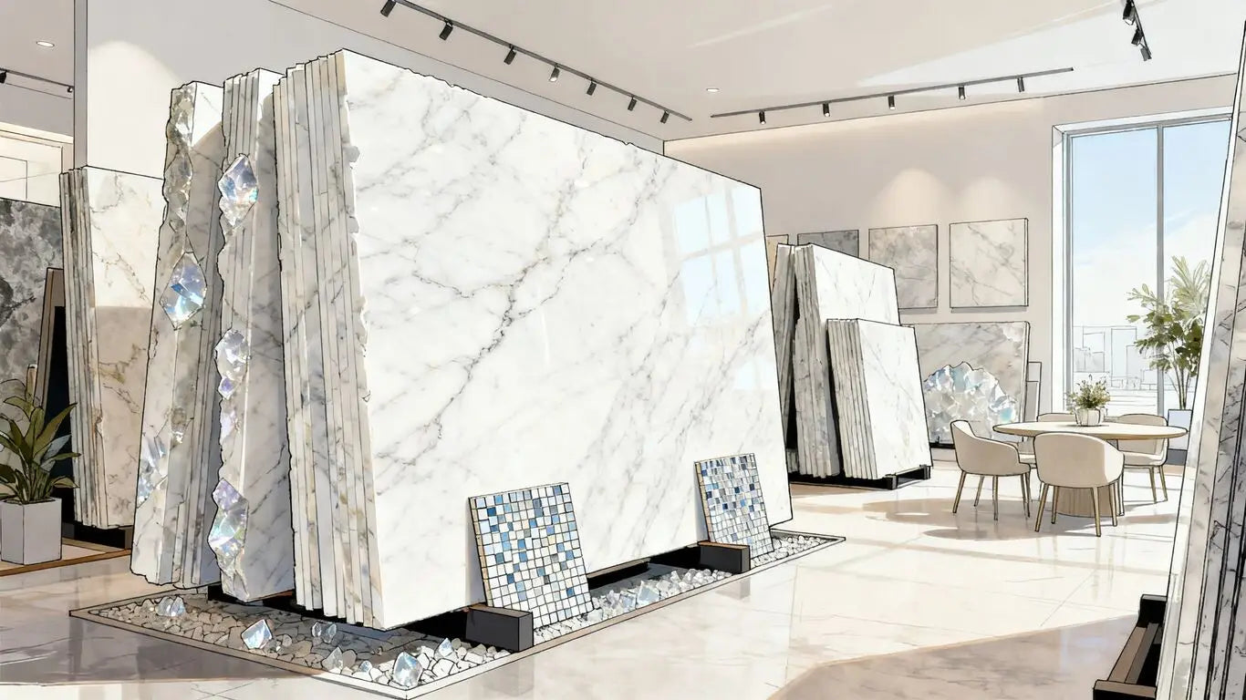 Thassos marble tiles and slabs in bright interiors