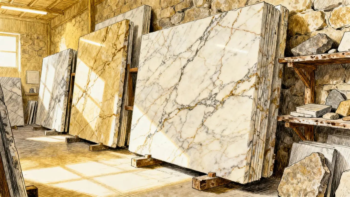 Diverse natural marble slabs in showroom