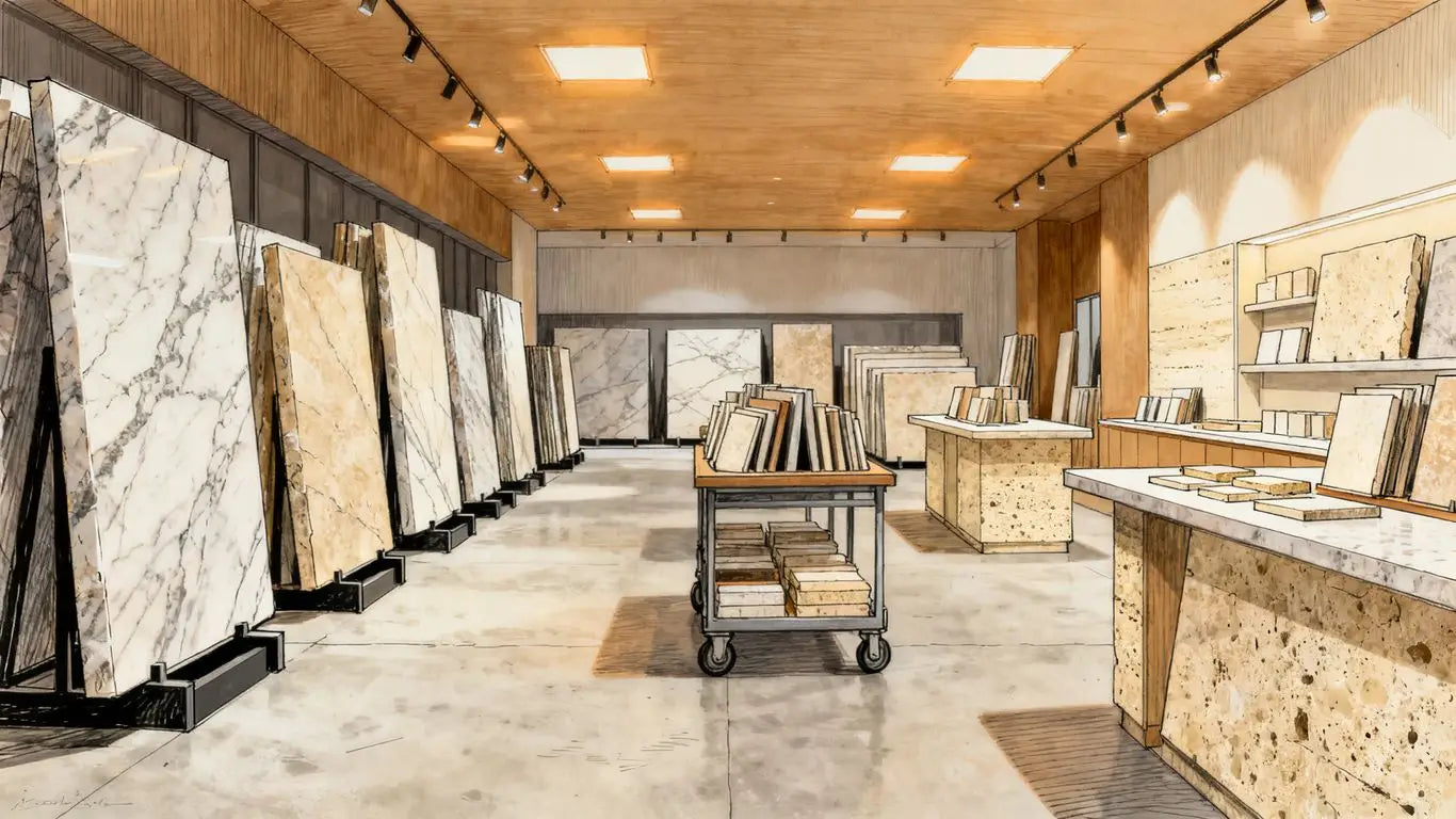 Marble showroom with slabs and design samples