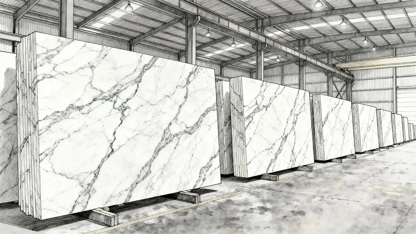 Wide view of stacked stone in warehouse