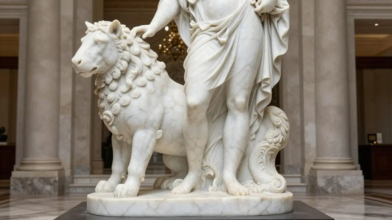 Elegant white marble statue in a luxurious interior sketch.