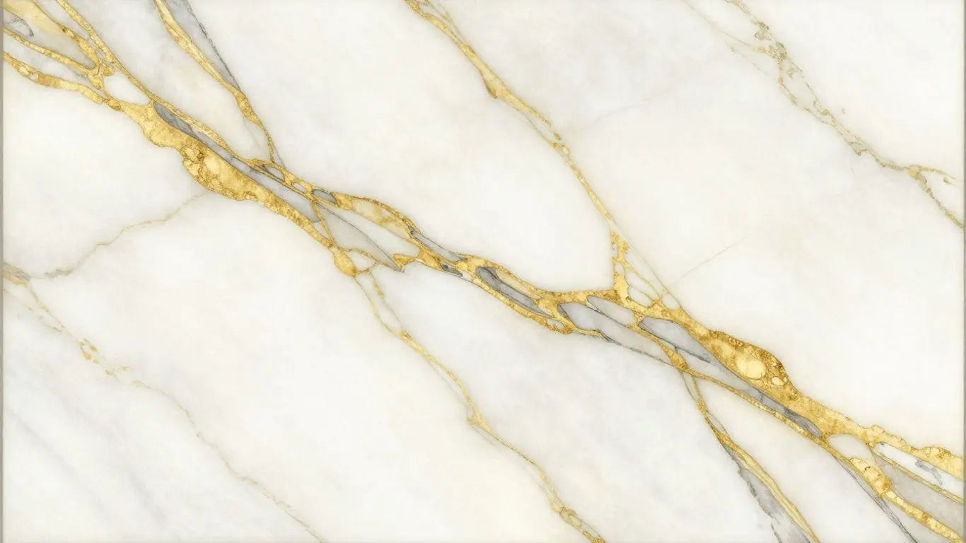 Calacatta Gold marble tiles with gold and grey veining.