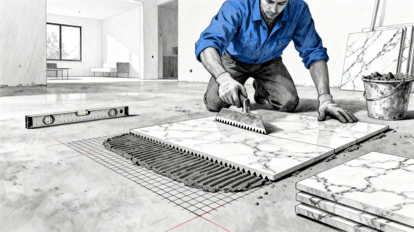 Workers installing marble tiles