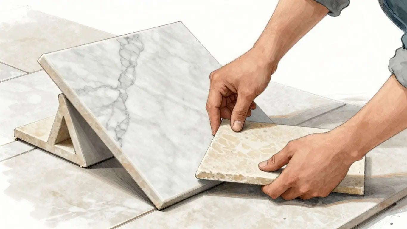 Hands inspecting marble and limestone tiles for installation.