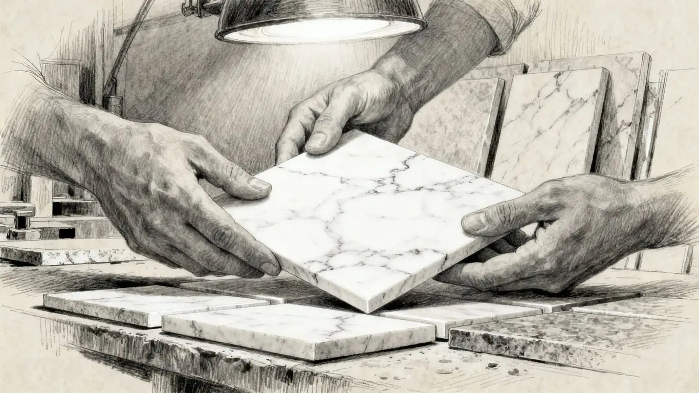 Professional installer working with white marble samples