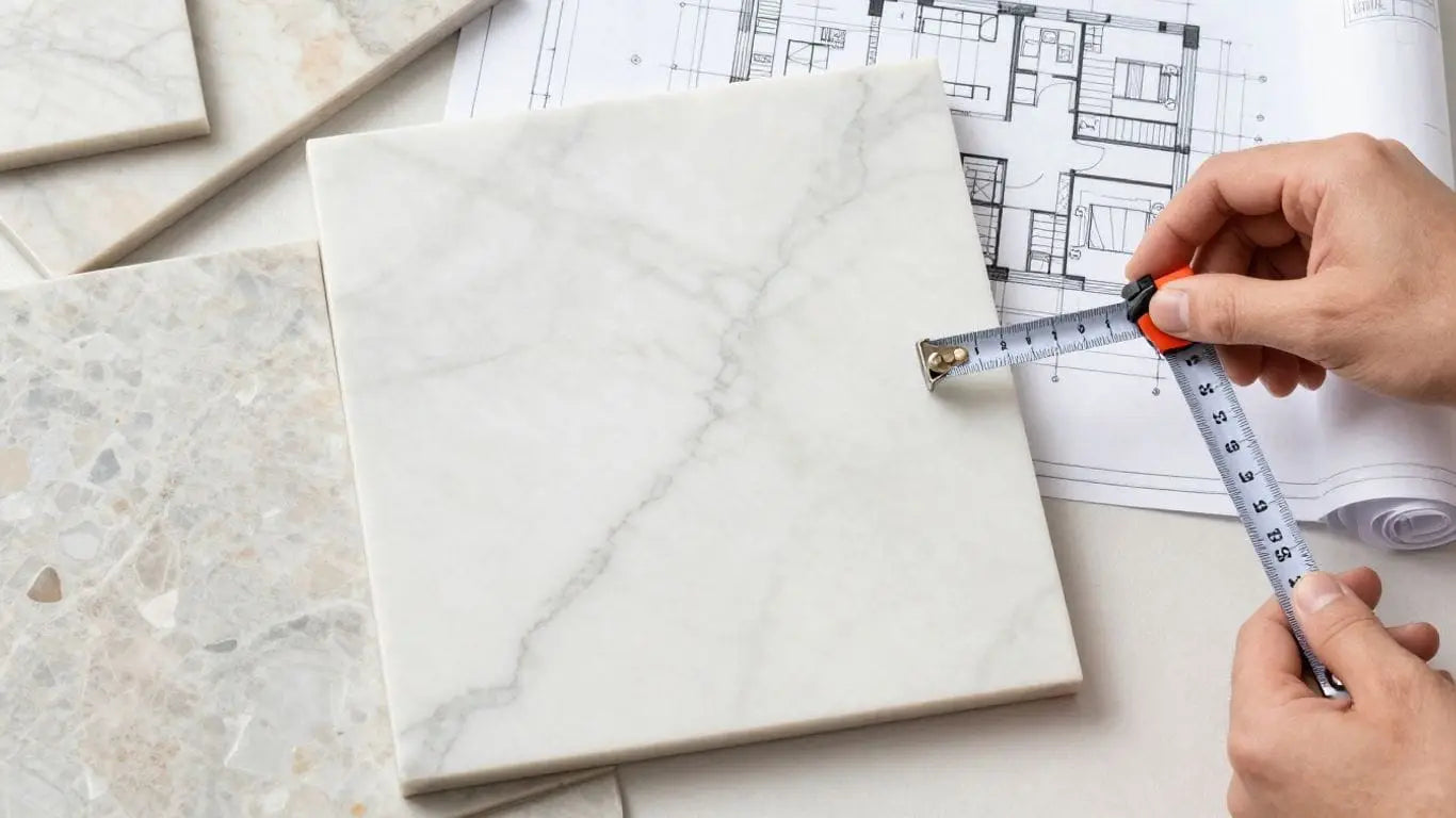 Marble tiles and measuring tape sketch.