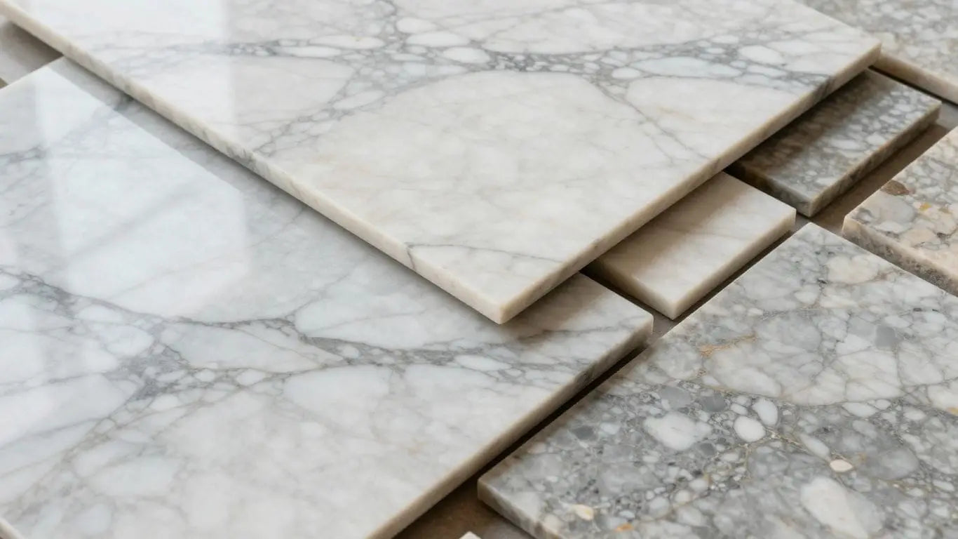 Polished marble slabs with intricate veining patterns.