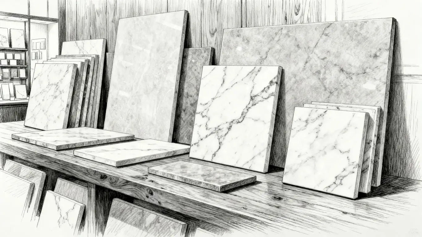 A diverse collection of marble tiles in a showroom display