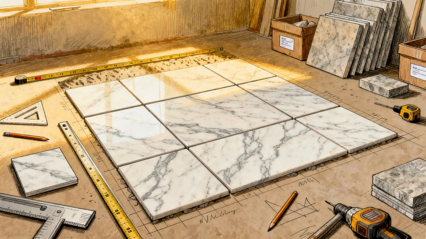 Measured Carrara marble tile layout awaiting installation