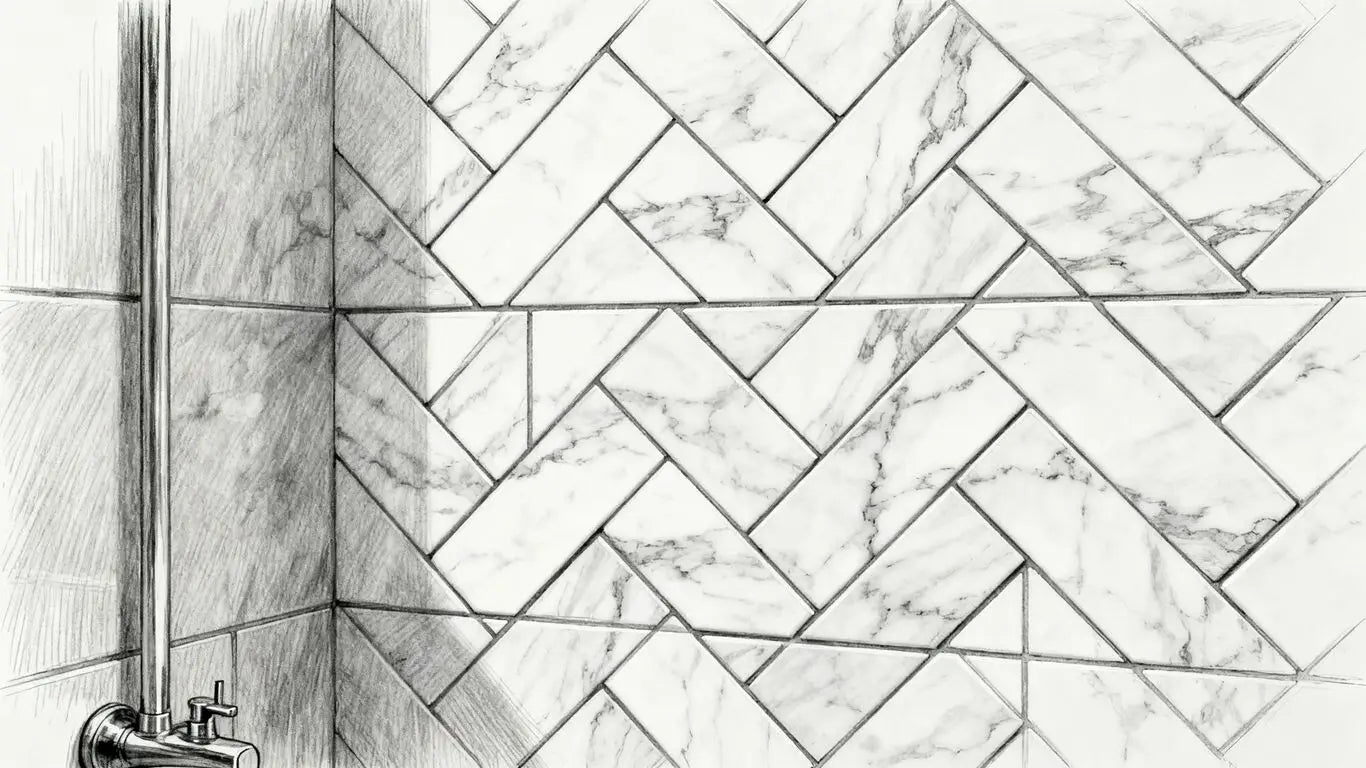 Herringbone layout detail in a marble shower