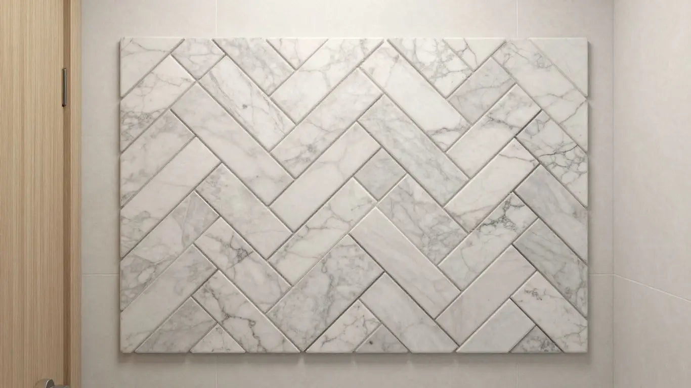 Herringbone marble mosaic bathroom wall pattern