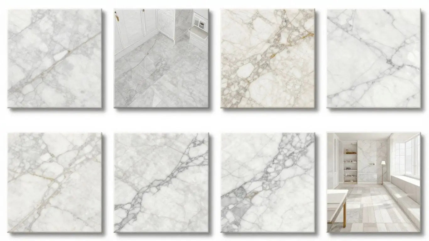 Marble tile sizes and patterns in room layouts sketch.