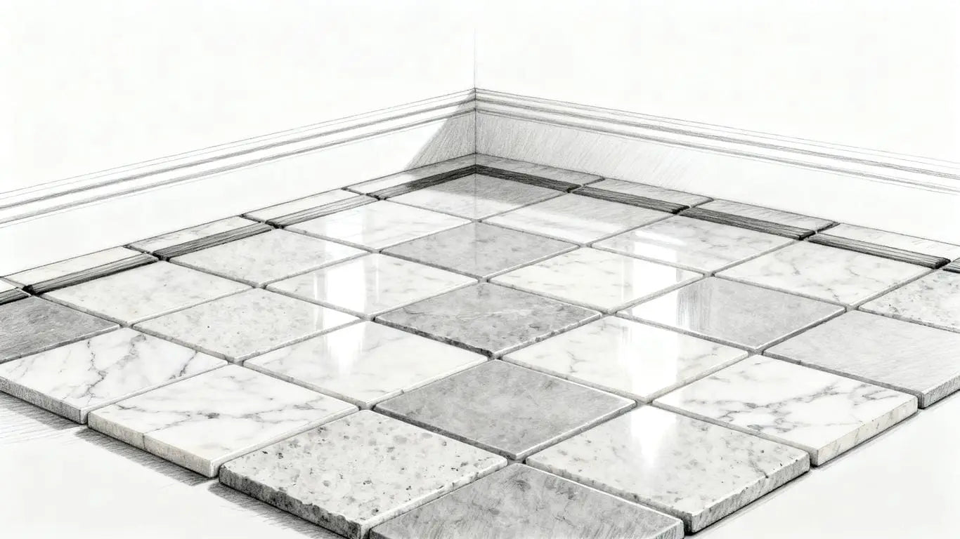 Polished and honed marble tile samples with trim pieces