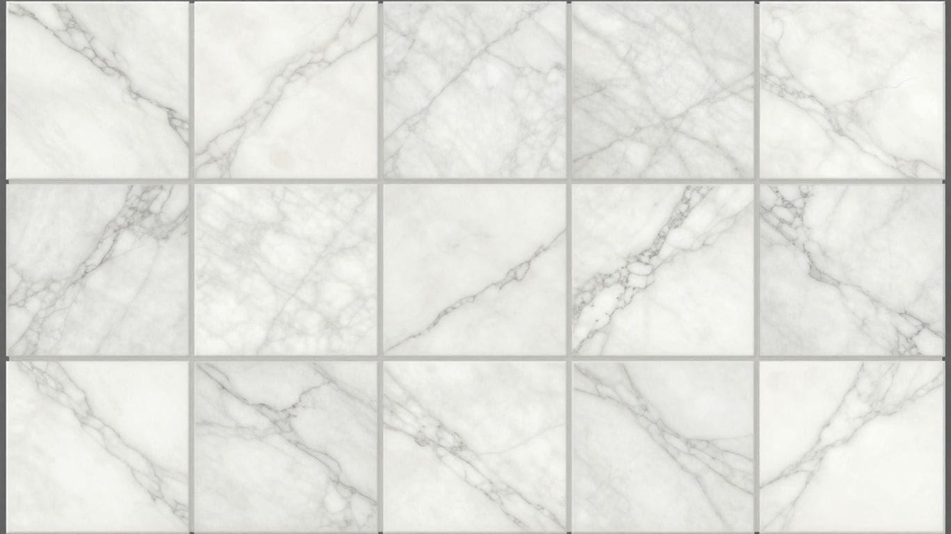 Carrara white marble tiles with classic veining patterns.
