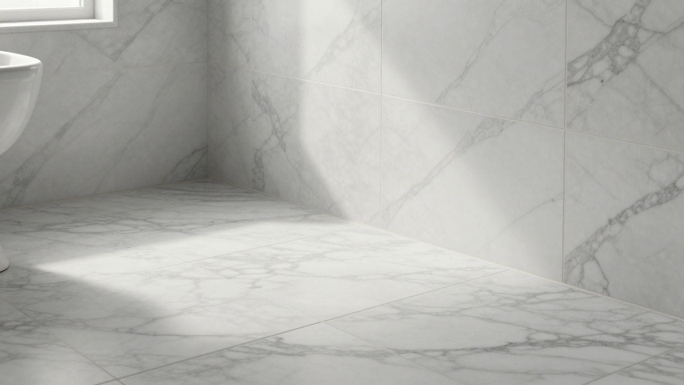 Marble floor and wall tiles in a well-lit bathroom.